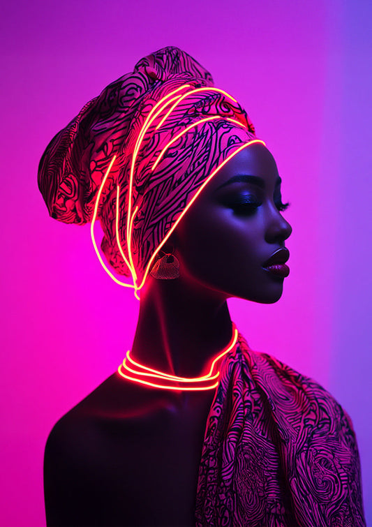 African Woman Turban Neon Pink Background Stylish Portrait Painting