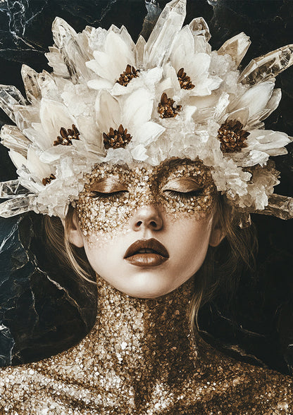 Kristallkönigin Goldmaske Weiße Blumen Porträtmalerei