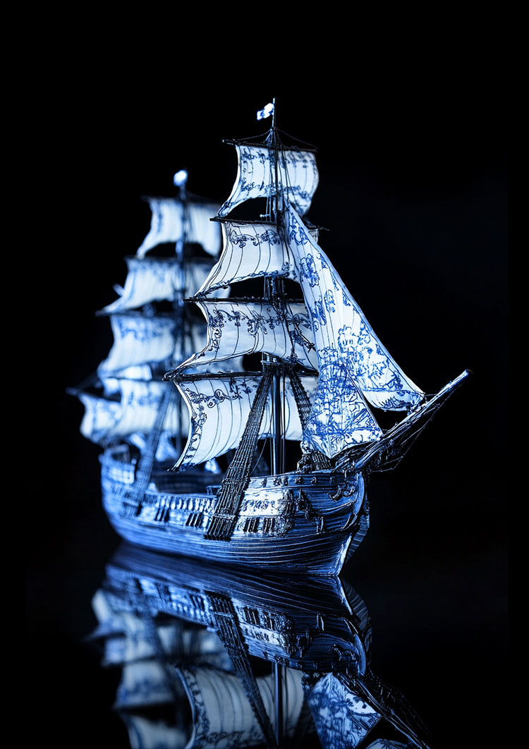 Delfts Blauw Zeilschip Porselein Donkere Achtergrond Schilderij