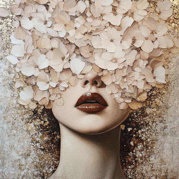 Vrouw met Witte Bloemen Gouden Accenten Elegant Portret Schilderij