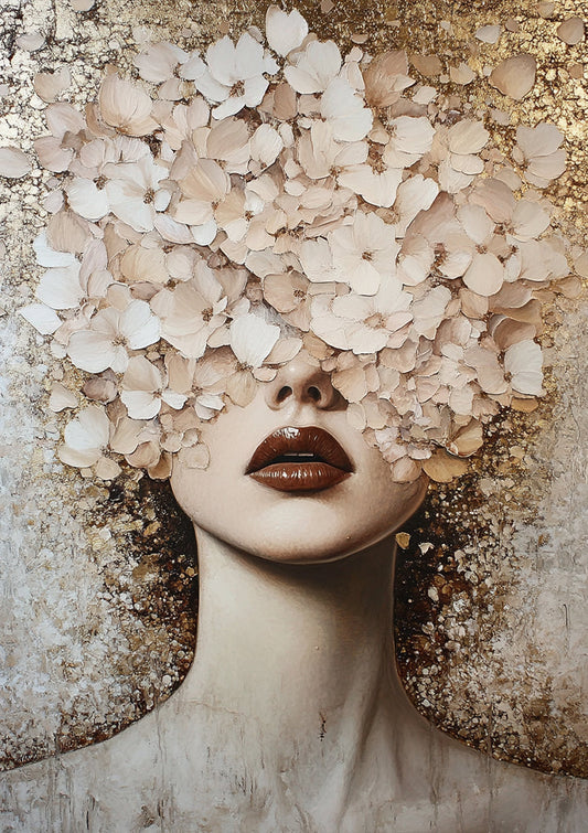 Vrouw met witte bloemen canvas schilderij in wit en goud, elegante stijl