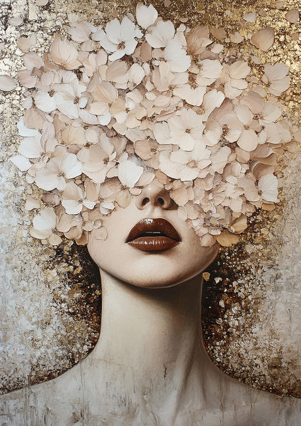 Woman with White Flowers Golden Accents Elegant Portrait Painting