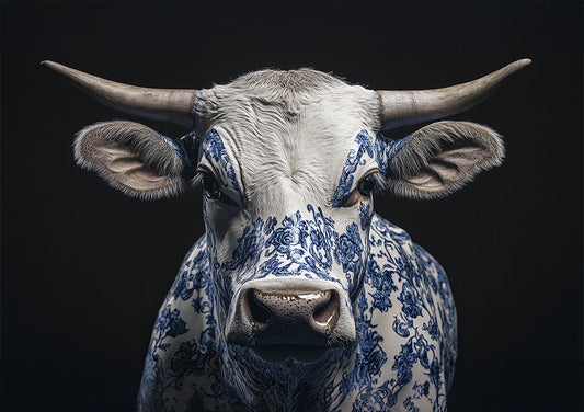 Delfts blauwe stier canvas schilderij met porseleinen bloemmotief op zwarte achtergrond