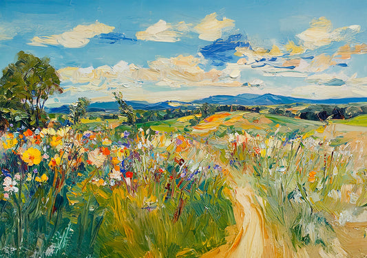 Bloeiend veld canvas schilderij met wilde bloemen in geel, roze en paars