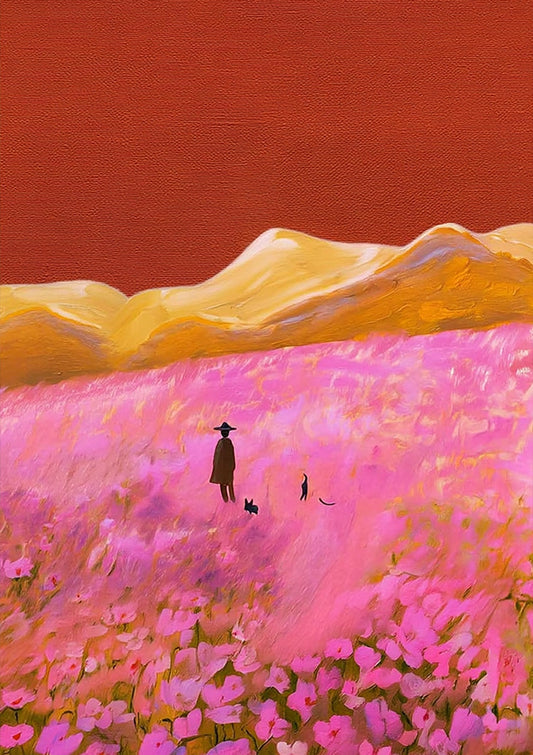 Wandelaar in een roze bloemenveld canvas schilderij in roze en goud, dromerige sfeer