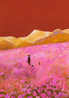 Roze Bloemenveld Eenzame Wandelaar Gouden Heuvels Dromerig Landschap Schilderij