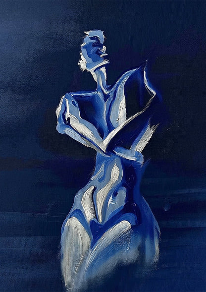 Elegant Female Figure in Deep Blue Expressive Nocturnal Painting