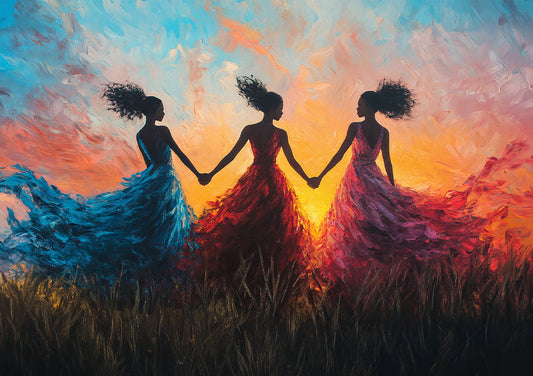 Drie vrouwen bij zonsondergang canvas schilderij in warme oranje, rode en turquoise tinten