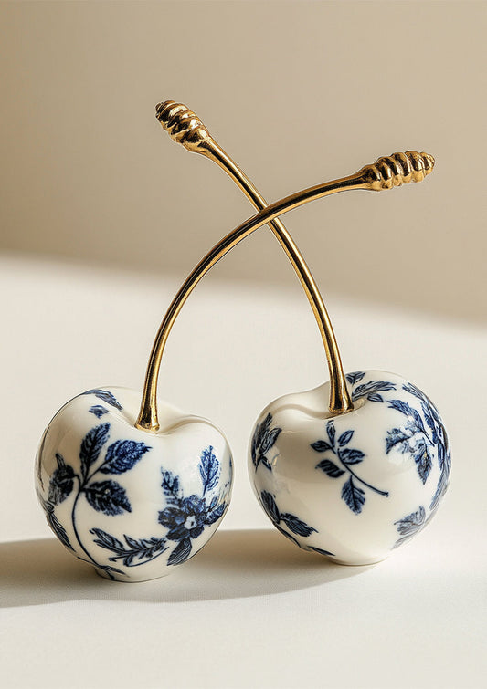 Delfts Blauwe Porseleinen Kersen Gouden Stelen Minimalistisch Schilderij