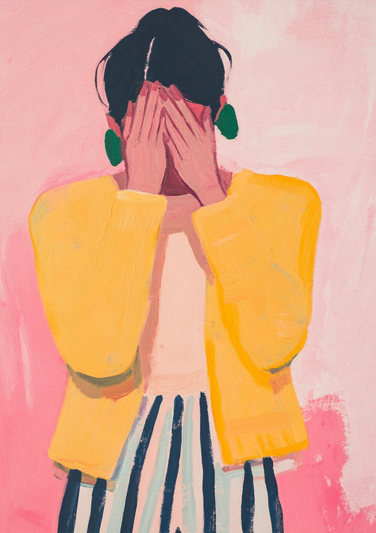 Woman Hidden Face Yellow Sweater Pink Background Painting