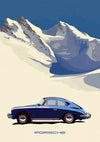Blue Classic Car Snow Landscape Mountains Minimalist Painting