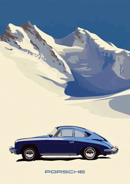 Blue Classic Car Snow Landscape Mountains Minimalist Painting