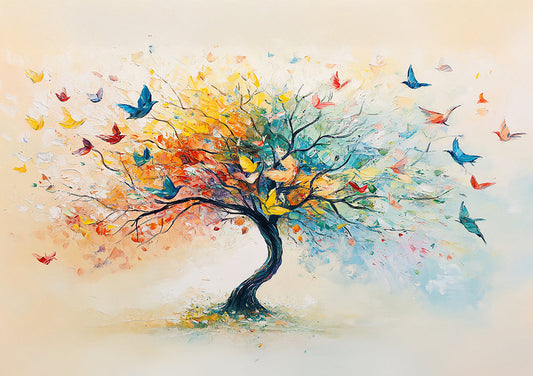 Levensboom canvas schilderij met vlinders en kleurrijke bladeren in aquarelstijl