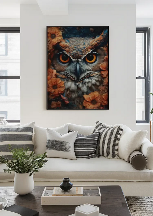 Uil met oranje ogen canvas schilderij aan de muur in de hal