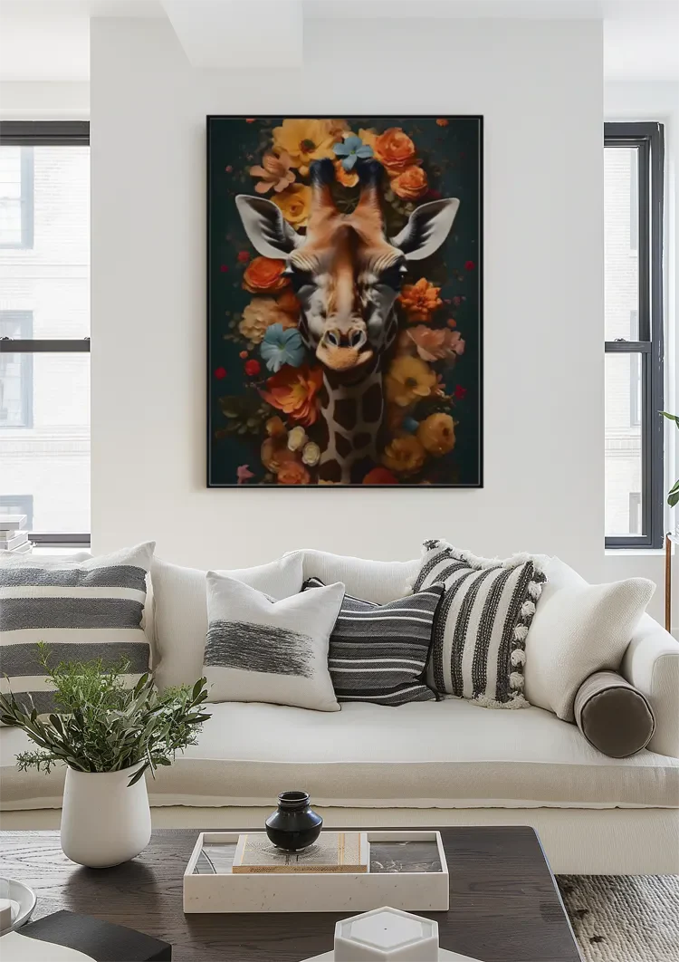 Giraf Hoofd Kleurrijke Bloemen Donkerblauw Schilderij