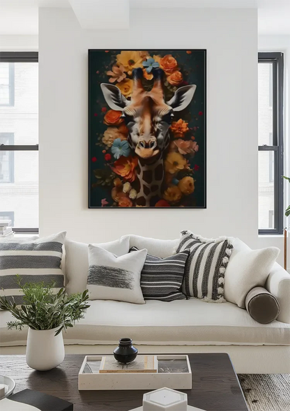 Giraf Hoofd Kleurrijke Bloemen Donkerblauw Schilderij