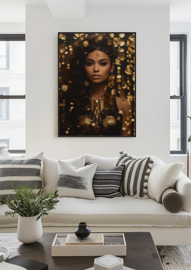 Golden Glamour Woman Golden Jewelry Bokeh Portrait Painting