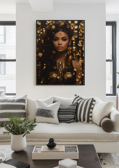 Golden Glamour Woman Golden Jewelry Bokeh Portrait Painting