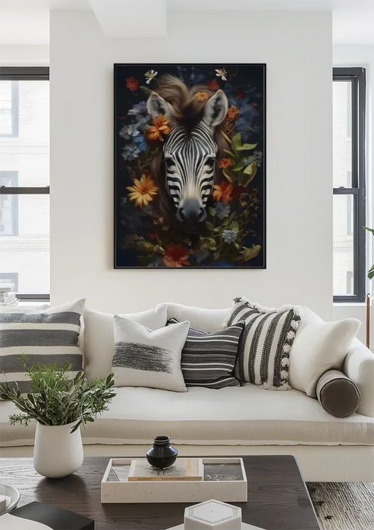 Zebra portret canvas schilderij aan de muur boven het bed in de slaapkamer