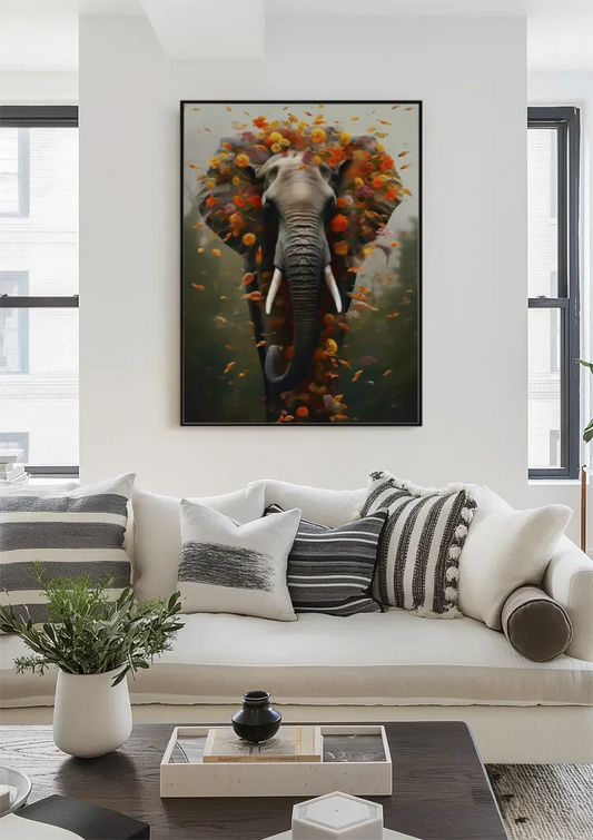 Surreale olifant canvas schilderij aan de muur boven het bed in de slaapkamer