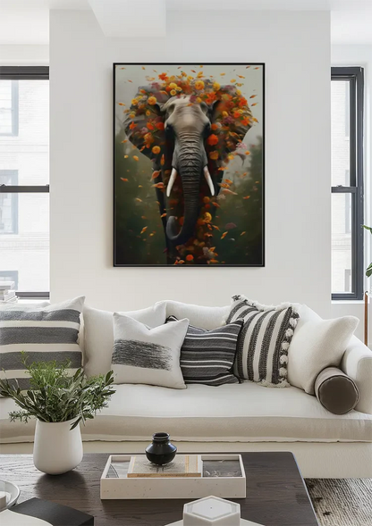 Surreale Olifant Bloemenkrans Oranje Bloemen Magisch Schilderij