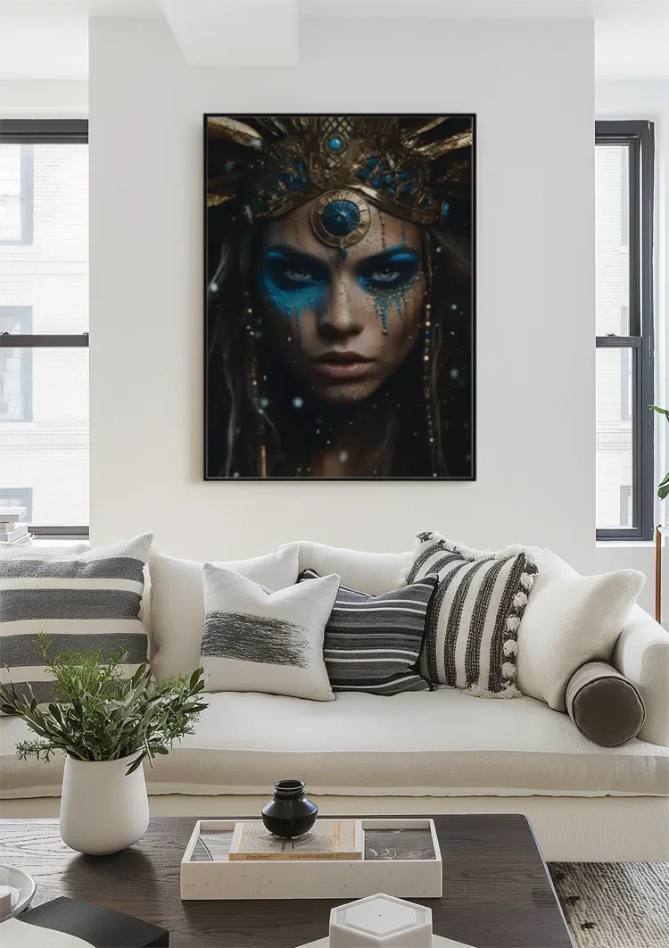 Warrior Blue Gold Headdress Dramatic Portrait Painting
