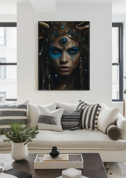 Warrior Blue Gold Headdress Dramatic Portrait Painting