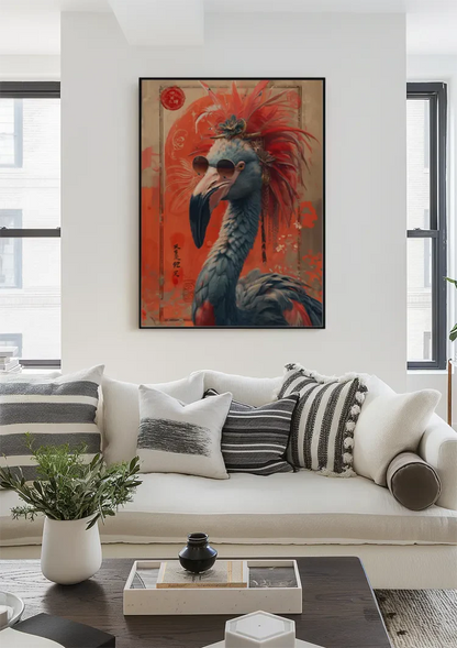 Flamboyante Flamingo Sonnenbrille Rote Federn Asiatischer Hintergrund Pop-Art-Gemälde