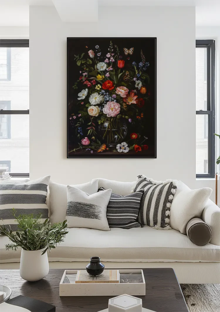 Üppiges Blumenstillleben Glasvase Dunkler Hintergrund Gemälde
