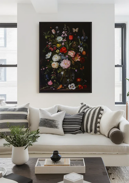 Üppiges Blumenstillleben Glasvase Dunkler Hintergrund Gemälde
