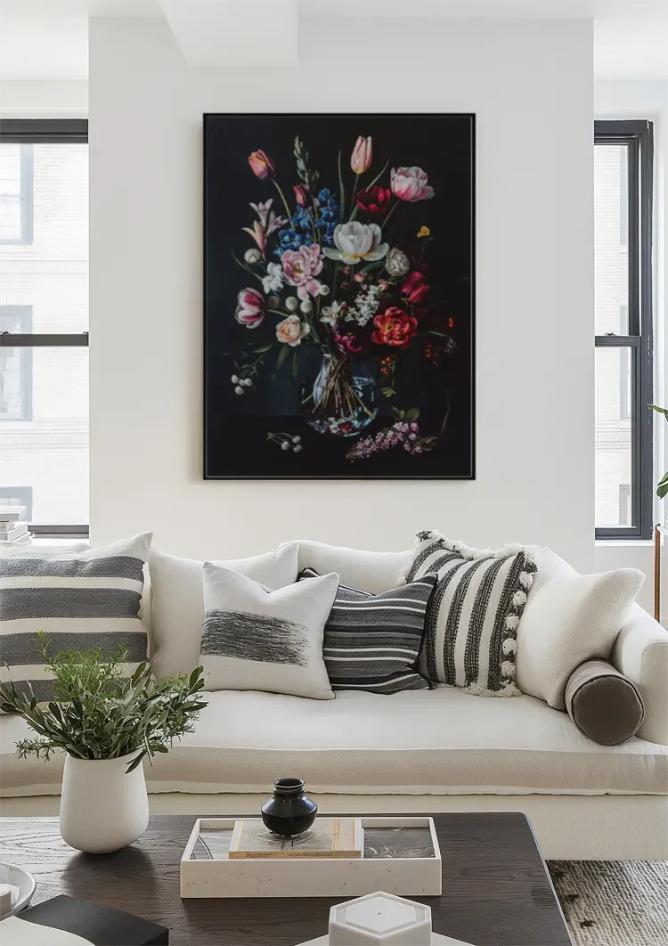 Buntes Blumenstrauß Glasvase Dunkler Hintergrund Gemälde