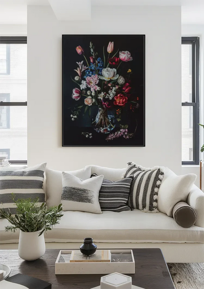 Buntes Blumenstrauß Glasvase Dunkler Hintergrund Gemälde