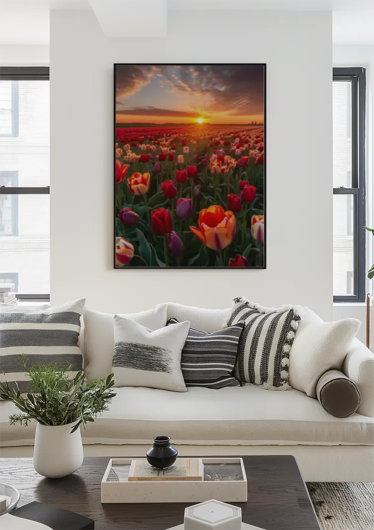 Farbenfrohes Tulpenfeld bei Sonnenuntergang Rote Orange Violette Blumen Gemälde