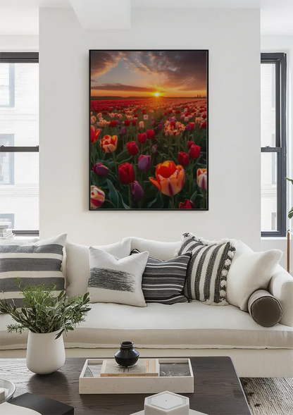 Farbenfrohes Tulpenfeld bei Sonnenuntergang Rote Orange Violette Blumen Gemälde