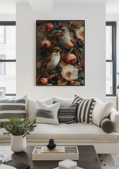 Twee Vogels Met Granaatappels Bloemen Botanisch Schilderij