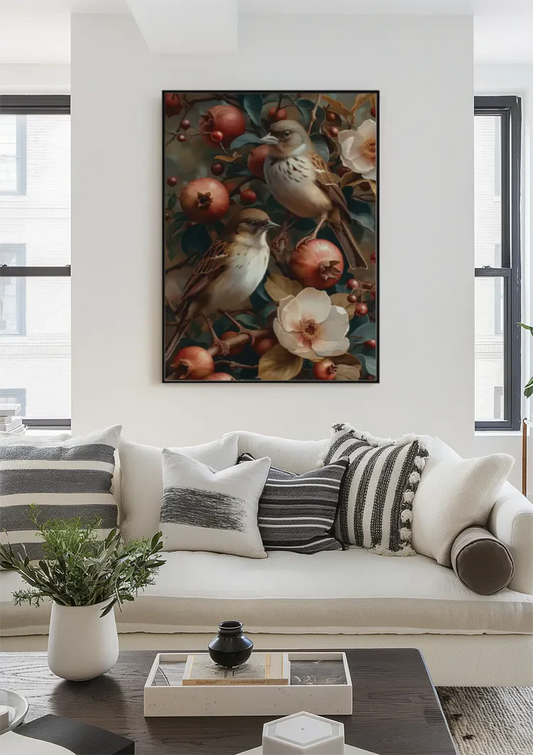 Twee vogels met granaatappels canvas schilderij aan de muur boven het bed in de slaapkamer