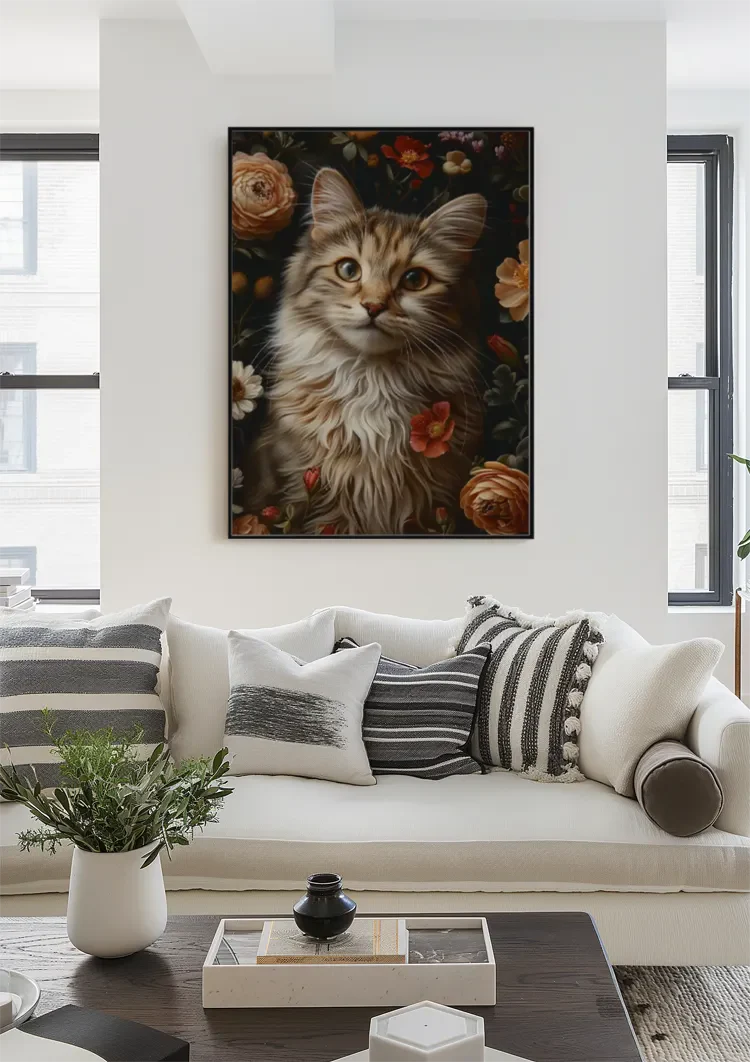 Flauschige Katze zwischen farbenfrohen Rosen Blumenreiches Porträt Gemälde