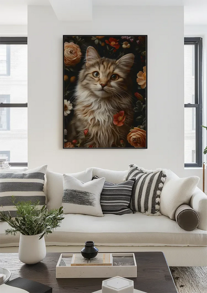 Flauschige Katze zwischen farbenfrohen Rosen Blumenreiches Porträt Gemälde