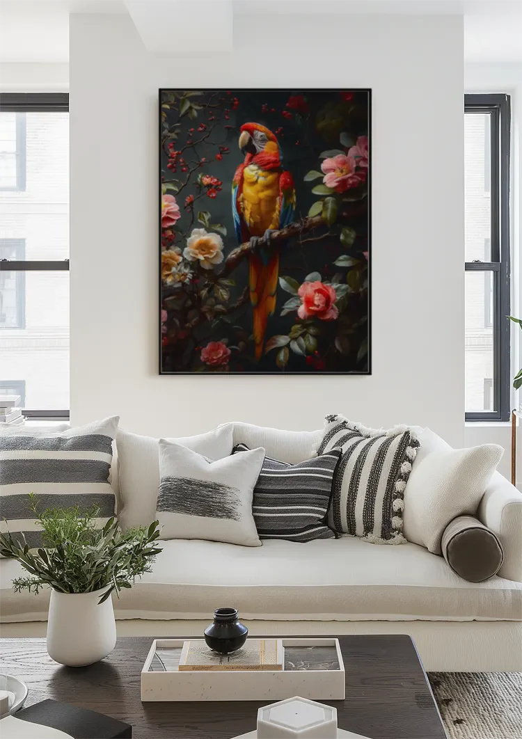Buntes Papagei Tropische Blumen Dunkler Hintergrund Gemälde