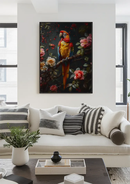 Buntes Papagei Tropische Blumen Dunkler Hintergrund Gemälde