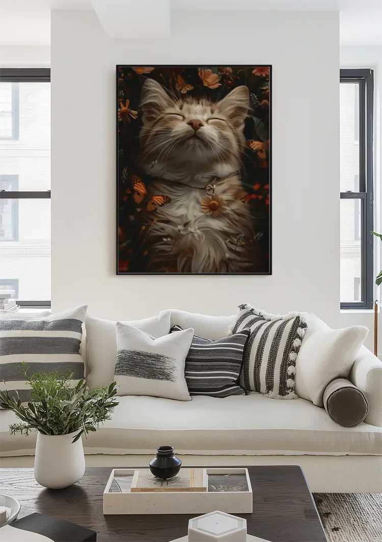 Sleeping Fluffy Cat Surrounded By Flowers Butterflies Painting
