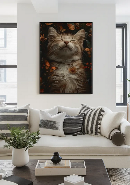 Sleeping Fluffy Cat Surrounded By Flowers Butterflies Painting