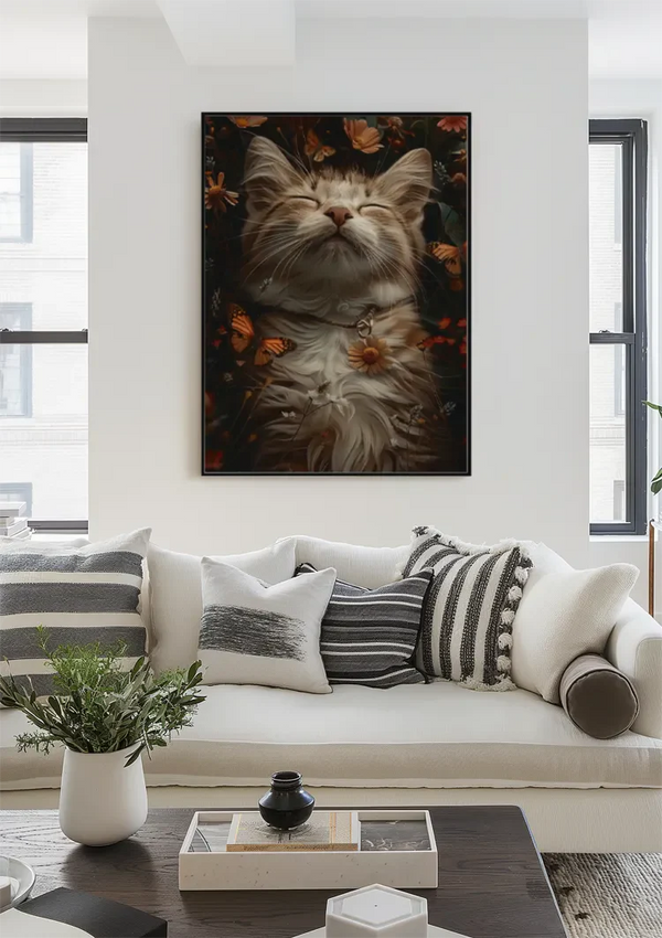 Sleeping Fluffy Cat Surrounded By Flowers Butterflies Painting