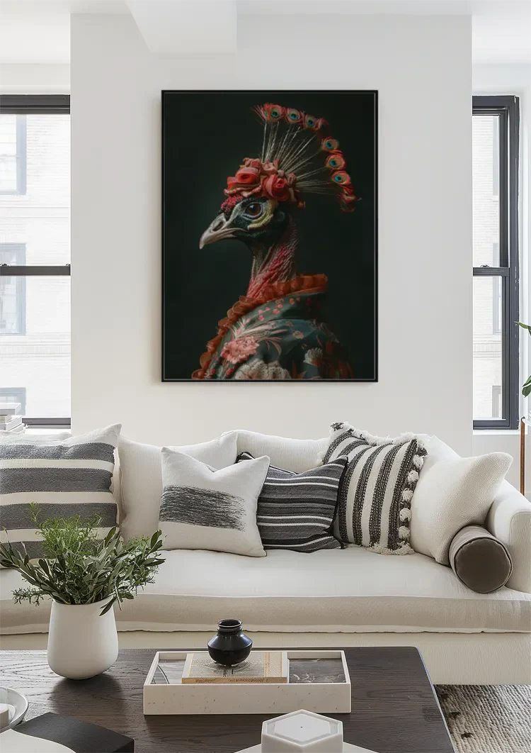 Graceful Bird with Red Flowers Headdress Dark Portrait Painting