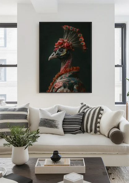 Graceful Bird with Red Flowers Headdress Dark Portrait Painting