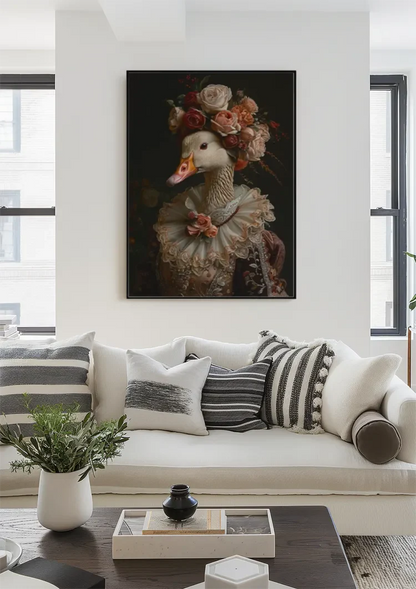 Elegante Gans In Barok Kostuum Bloemen Krans Kanten Kraag Portret Schilderij
