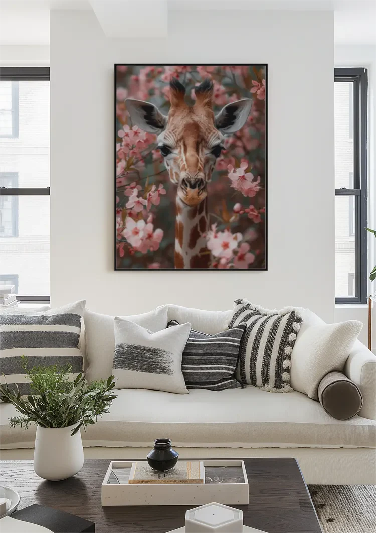 Giraffe Between Pink Cherry Blossoms Portrait Painting
