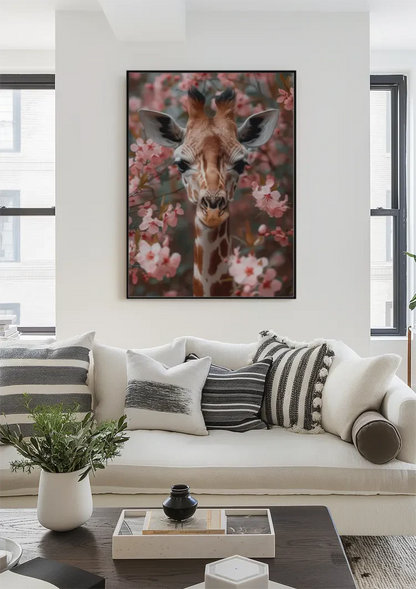 Giraffe Between Pink Cherry Blossoms Portrait Painting