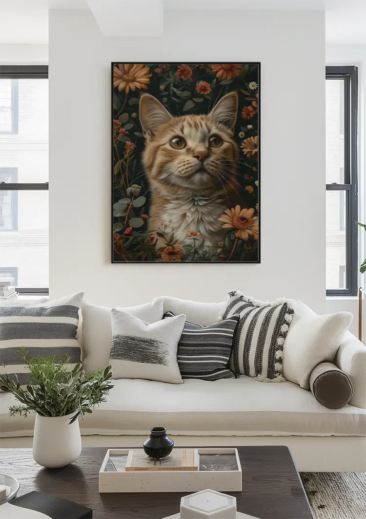 Oranje Kat Met Groene Ogen Tussen Bloemen Donker Portret Schilderij