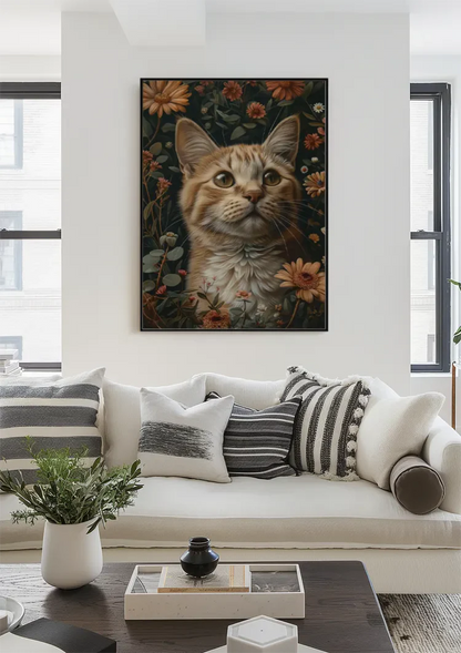 Oranje Kat Met Groene Ogen Tussen Bloemen Donker Portret Schilderij